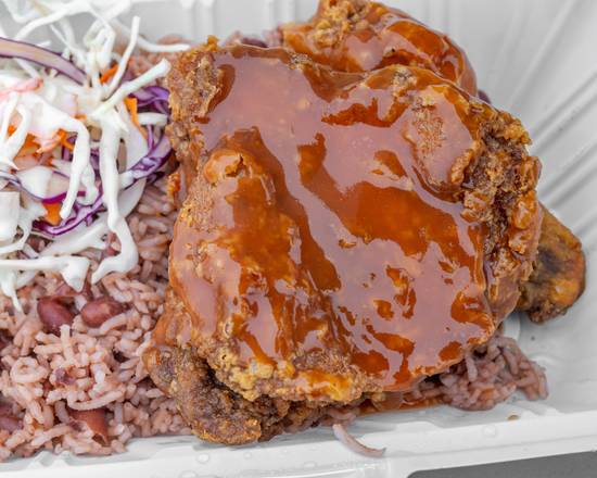 Bbq fried chicken + rice and peas
