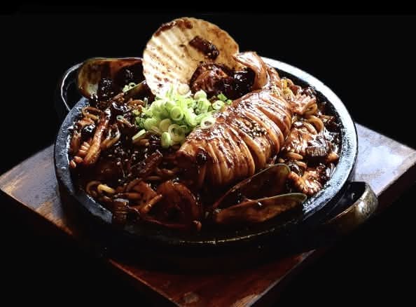 사천 해물돌판짜장 Spicy Seafood Black Bean Noodle on a Hot Plate