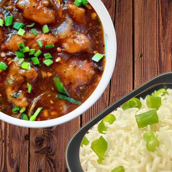 28. Poulet au piment et à l'ail servi avec du riz /Chilli Garlic Chicken served with rice