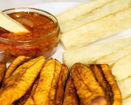 A Plate of Fried yam, Beans and a Piece of Fried Fish