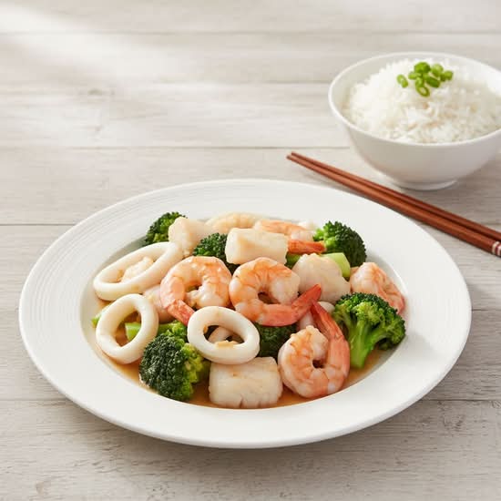 136. Sauteed Prawn and Sole Fillet and Squid with Broccoli 西蘭花炒三鮮