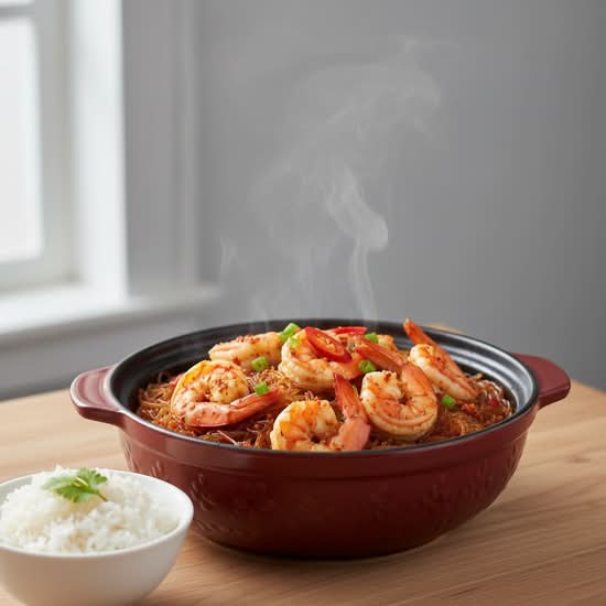 142. Prawns and Vermicelli with Spicy Chili Sauce in Hot Pot 香辣粉絲大蝦煲