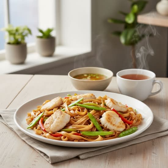 107. Sole Fish with Snow Bean and Celery Fried Rice Noodle 荷蘭荳西芹龍利球炒河