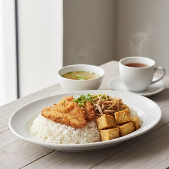 118. Sole Fillet and Shredded Pork with Deep-Fried Tofu on Rice 龍脷柳肉絲炸豆腐飯