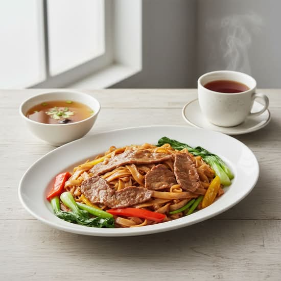 102. Sliced Beef with Seasonal Vegetable Fried Rice Noodle 時菜牛肉炒河