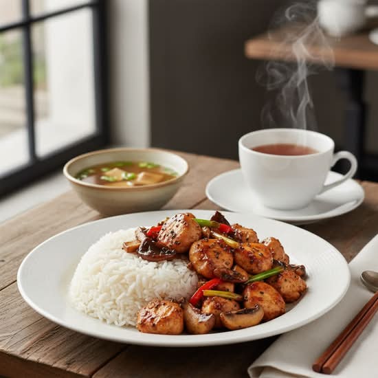 120. Chicken and Mushroom with Black Pepper Sauce on Rice 黑椒蘑菇雞球飯