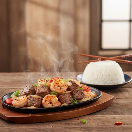 141. Shrimp and Diced Beef Tenderloin with Black Pepper on Hot Plate 鐵板黑椒蝦仁牛柳粒