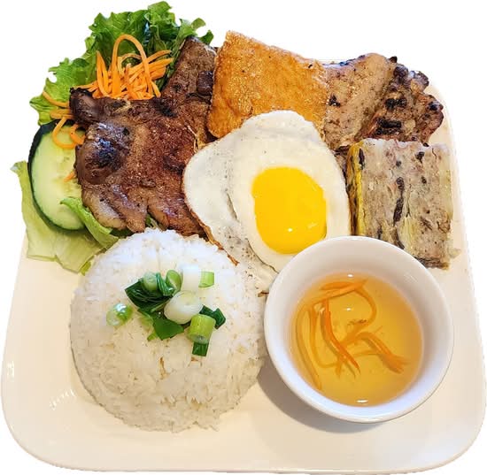 527. "99" Special Rice Dishes (Grilled Pork Chop, Grilled Chicken, Tofu Sheet Wrapped Ground Shrimp, Steamed Egg and  Fried Egg on Rice) [Cơm Đặc Biệt "99" (Sườn Nướng, Gà Nướng, Tàu Hủ Ky Tôm, Chả Trứng, Ốp La)]