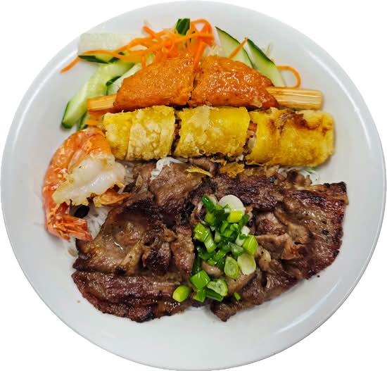 417. Grilled Jumbo Shrimp, Grilled Pork, Spring Roll And Minced Shrimp On Sugar Cane with Vermicelli (Bún Tôm Càng Nướng, Thịt Nướng, Chả Giò, Chạo Tôm)