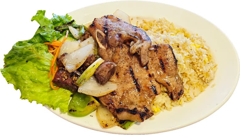506. Grilled Pork Chop and Sauteed Beef Cubes on Rice (Cơm Sườn, Bò Lúc Lắc)
