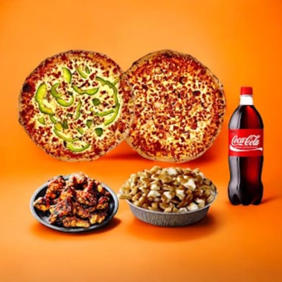 Méga Promo 2A - 2 x pizza 12 po toute garnie + 10 ailes de poulet + 1 moyenne poutine + boisson gazeuse 2L