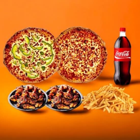 Méga Promo 3A - 2 x pizza 16 po toute garnie + 20 ailes de poulet + 1 grande frite + boisson gazeuse 2L
