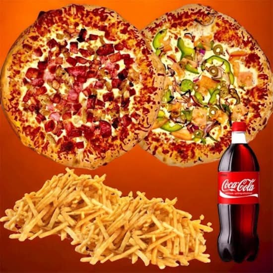 Promo 9 - 2 x pizza 16 po (3 ingrédients) + grande frite + boisson 2L