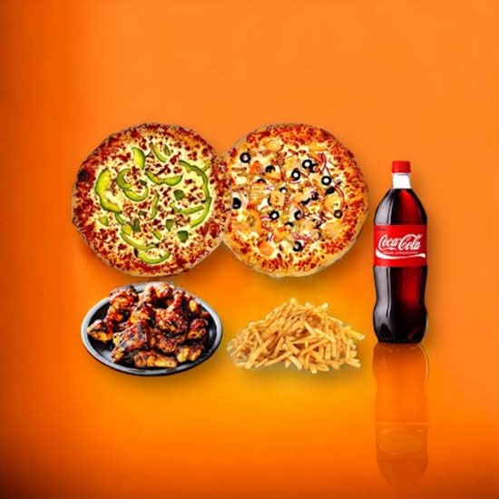 Méga Promo 1A - 2 x pizza 12 po toute garnie + 10 ailes de poulet + 1 moyenne frite + boisson gazeuse 2L