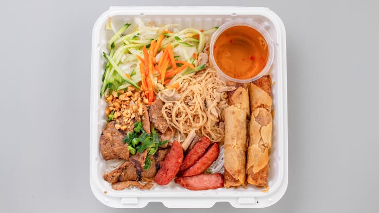 64. Charbroiled Pork, Shredded Pork, Pork Meatballs, and Spring Rolls