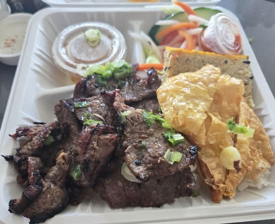 Grilled Beef & Shrimp Bean Curd with Rice (Cơm bò nướng, tàu hũ ky tôm)