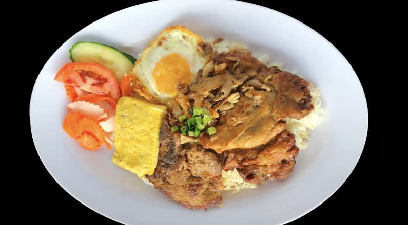 527. Chicken, Pork Chop, Shredded Pork Skin, Steamed Crab Meat Loaf, and Fried Egg on Steamed Rice - Ga, Suon, Bi, Cha CUA, and Trung Chien