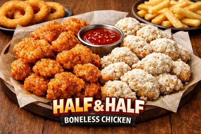 Total 1+1 Half Chicken PACKED  in ONE BOX. Buy 1 Half Chicken, Get 1 Half Chicken Free , Honey BBQ  + Honey Soy Garlic  Includes total  2 +2   Fried Dumplings & 3+3 Seaweed rolls.