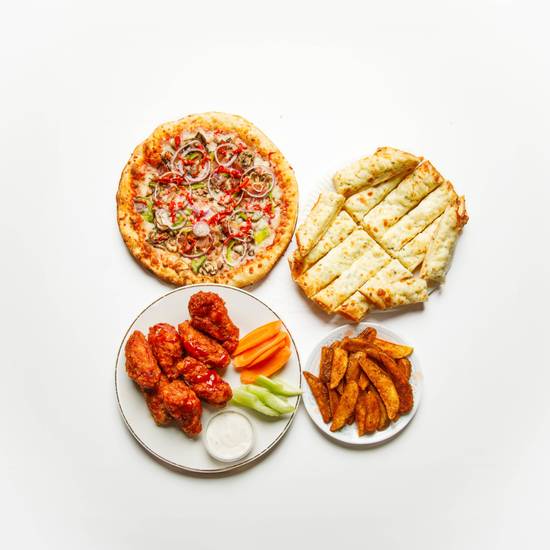 1 Pizza - 3 Toppings, 1Lb Chicken Wings, 10 Wedges, Garlic Bread or Planet Sticks with Cheese