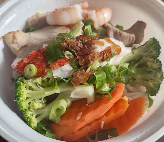 34. Shrimp, Crab, and BBQ Pork Egg or Rice Noodle Soup