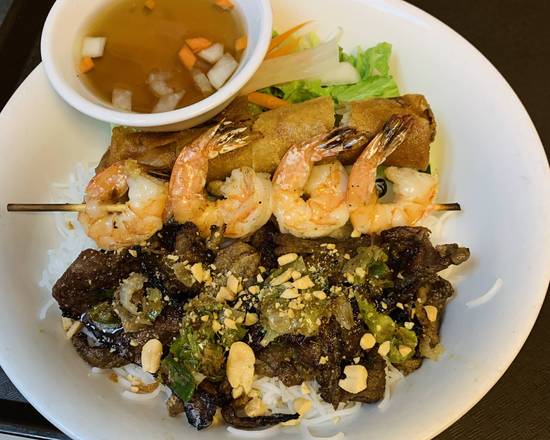 #49. BBQ  Pork , Prawns Skewer, & Spring Roll On Vermicelli