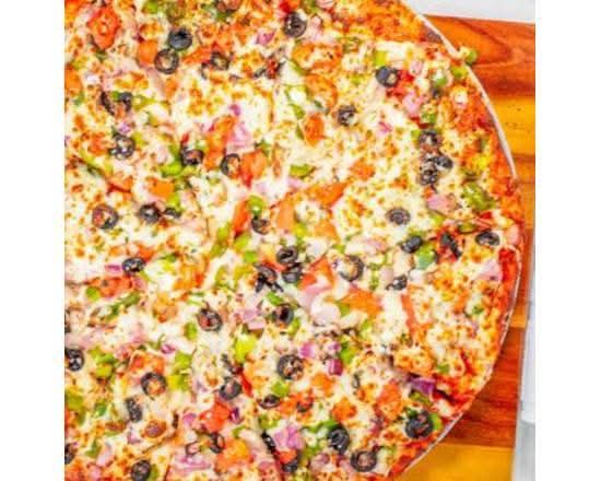 Veggie Lover Pizza Green peppers, Onion, Tomatoes & Black olives.