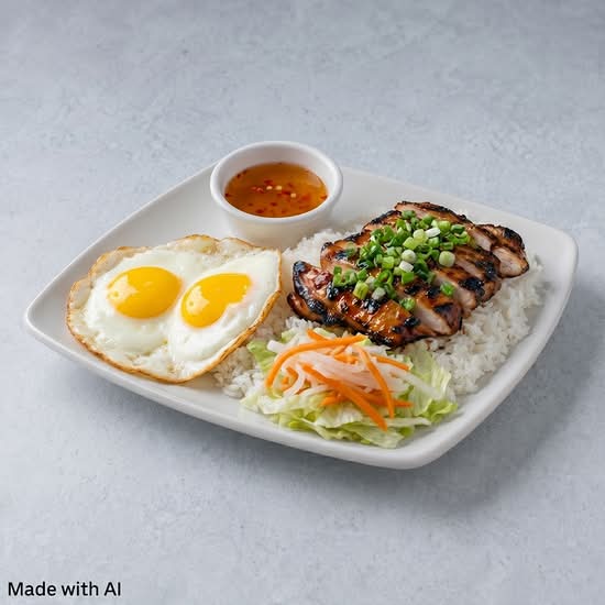 49. Grilled Lemongrass Chicken and Two Eggs on Rice (Com Ga Nuong, 2 Trung Opla)