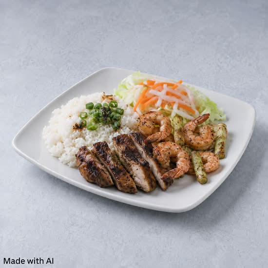 48. Grilled Lemongrass Chicken and Grilled Prawns on Rice (Com Ga Nuong, Tom Nuong)