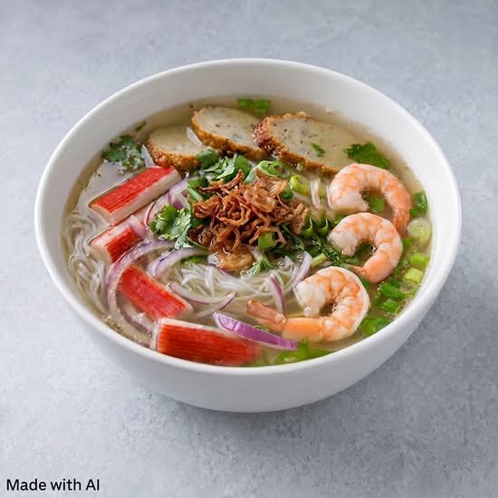 25 NUOC. Soup with Seafood Rice Noodles (Shrimp, Crab Meat, and Fried Fish Cake) (Hu Tieu Do Bien Kho, Nuoc) (Tom, Cua, Cha Ca)