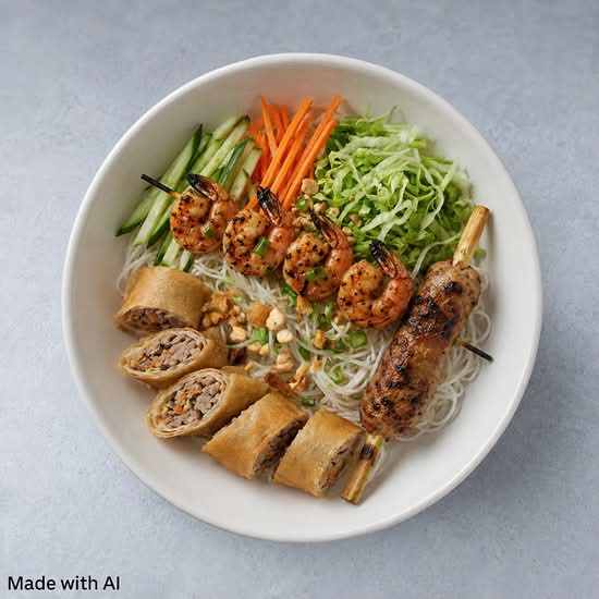 50. Spring Roll, Grilled Prawns, and Prawn Sugarcane with Vermicelli (Bun Cha Gio, Tom Nuong, Chao Tom)