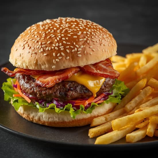 Burger Sham fromage, Bacon et Frites/ Burger Sham cheese, Bacon and Fries