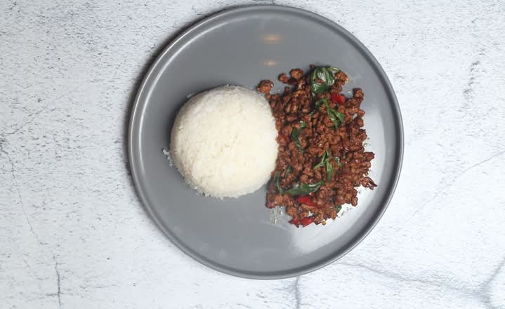 R5. Pad Gra Prow Ground Pork on RICE