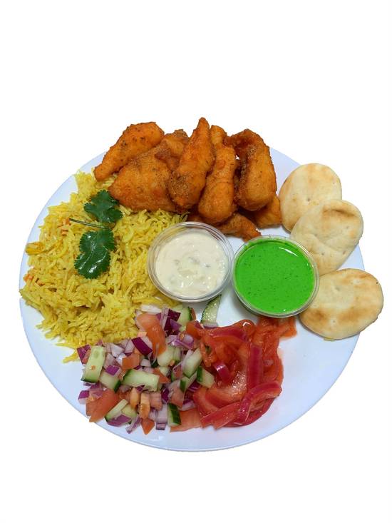 Fish Pakora Rice Bowl with Mini Naan
