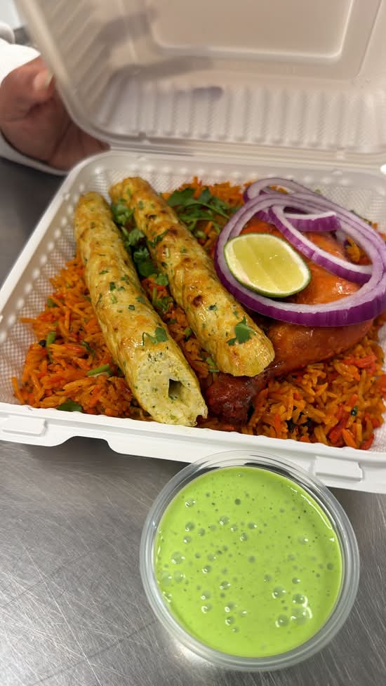 Chicken kebab with biryani rice