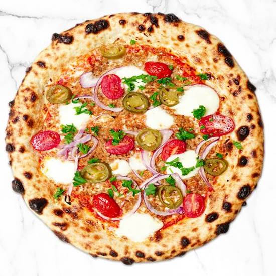 Pollo Piccante Pizza-Pollo Piccante Spicy Chicken Pizza – Jalapeño and Roasted Red Pepper Neapolitan