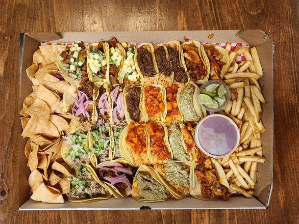 28 Tacos, Nachos,  Fries and 6 Drinks Agua Frescas