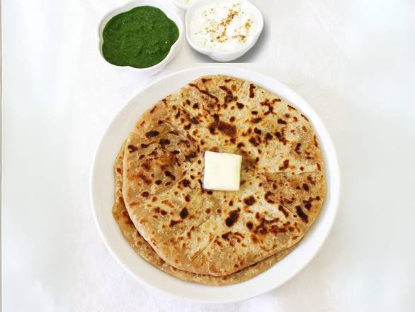 Aloo Pyaz Paratha + Mixed pickle + 4 oz. Dahi