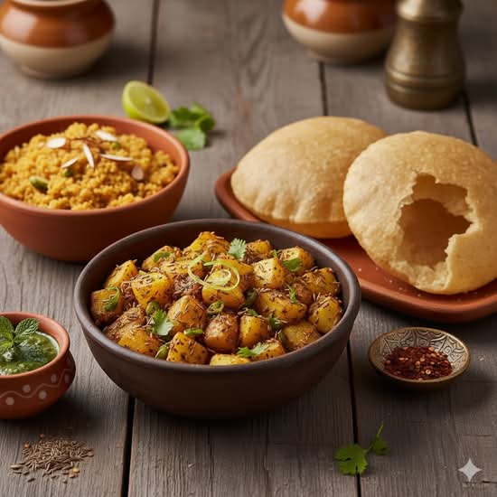 Zeera Aloo Dry (8Oz )+ Puri (2 pcs) + halva ( 8 Oz )