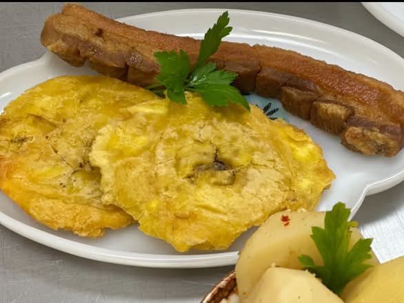Chicharron (Fried Pork Belly) with Fried Plantain (Toston)