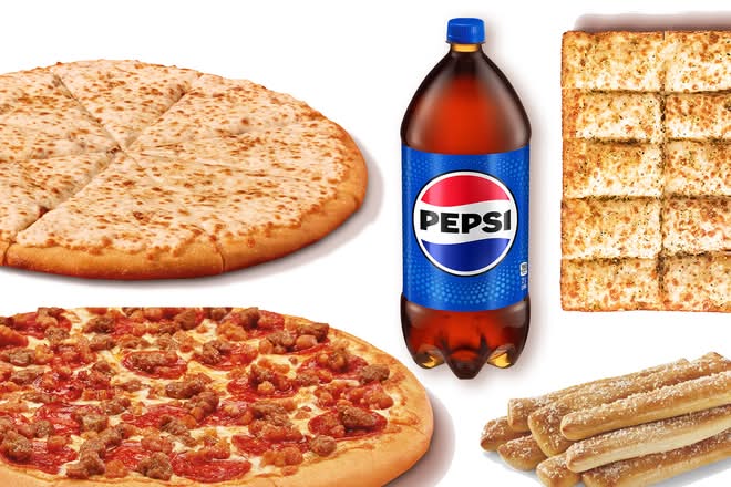 Classic Cheese Pizza,  3 Meat Treat Pizza, Crazy Bread, Italian Cheese Bread, and 2L Pepsi