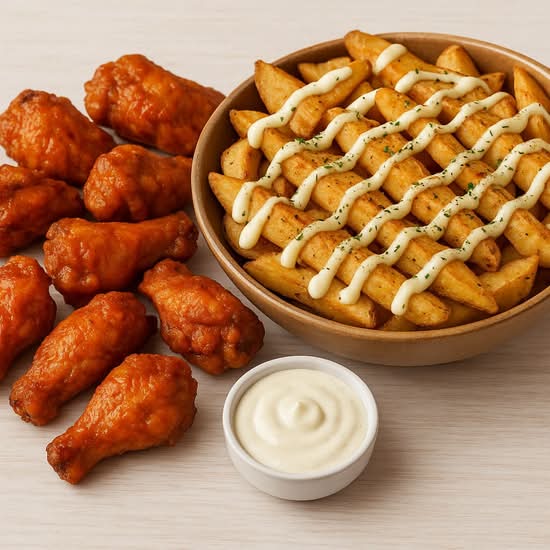 Special#6 Ten Wings with 1 LB Potato Wedges or Fries Drizzled with Seasoning and Garlic Sauce