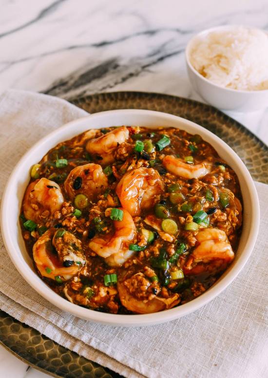 SHRIMP WITH BLACK BEANS IN LOBSTERSAUCE, Steam Rice on side 虾龙糊