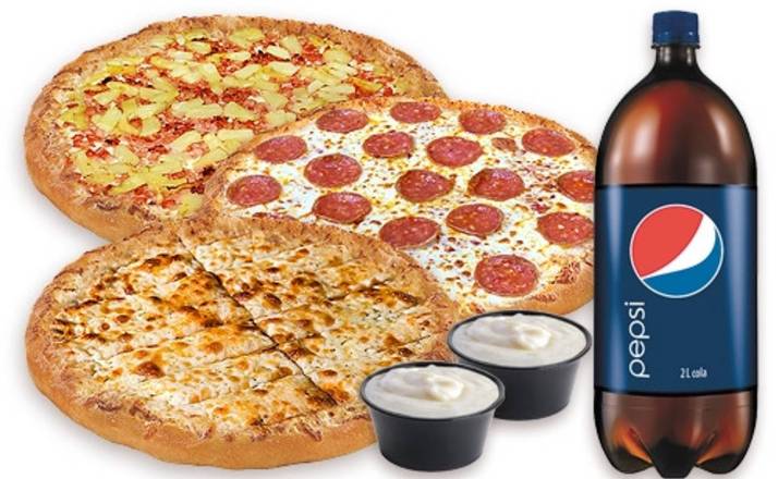 2 Medium Pizzas + Med G. Finger + 2ltr Pop