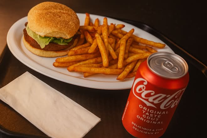 1 hamburger, frites et liqueur / 1 Hamburger, Fries and Drink