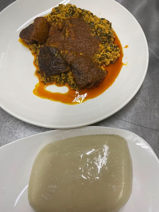 Pounded Yam (Fufu) and Egusi with 2 Assorted Meat (Chicken and Beef) Additional Meat is $3