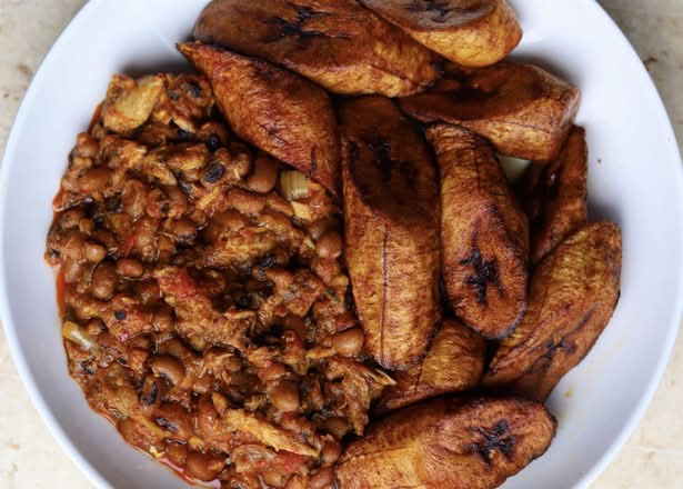 Beans with Plantain with 2 Assorted Meat (Chicken and Beef) Additional Meat is $3