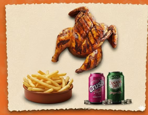 Whole Chicken With large fries or rice or green salad, and 2 drinks. / Poulet entier avec grandes frites ou riz ou salade verte et 2 Boissons / Poulet entier Avec grande frites, et 2 boissons.