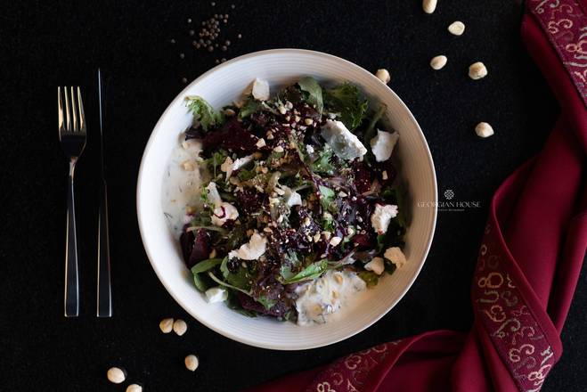 Stewed Beetroot Salad with Goat Cheese and Matsoni