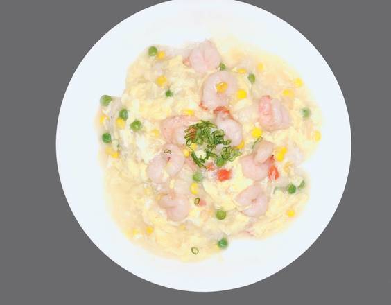 Shrimp with scrambled egg on rice