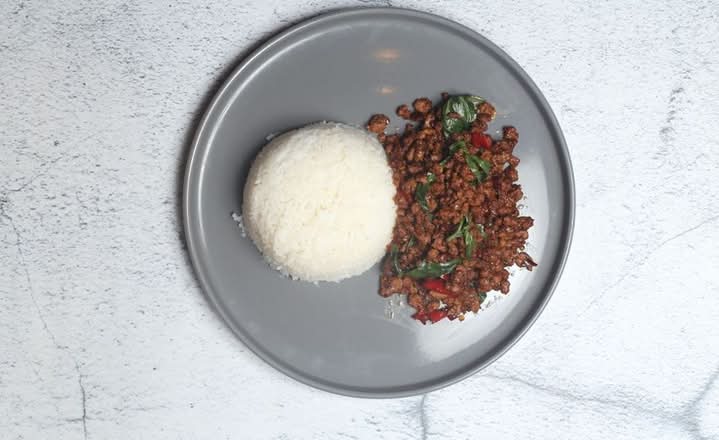 R5. Pad Kra Pao Moo Sub on rice